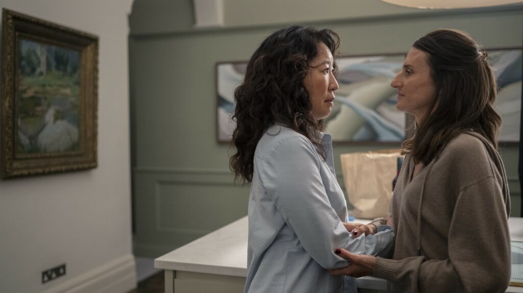 Sandra Oh as Eve Polastri, Camille Cottin as Helene  Killing Eve Season 4 Episode 2 - Anika Molnar/BBCA